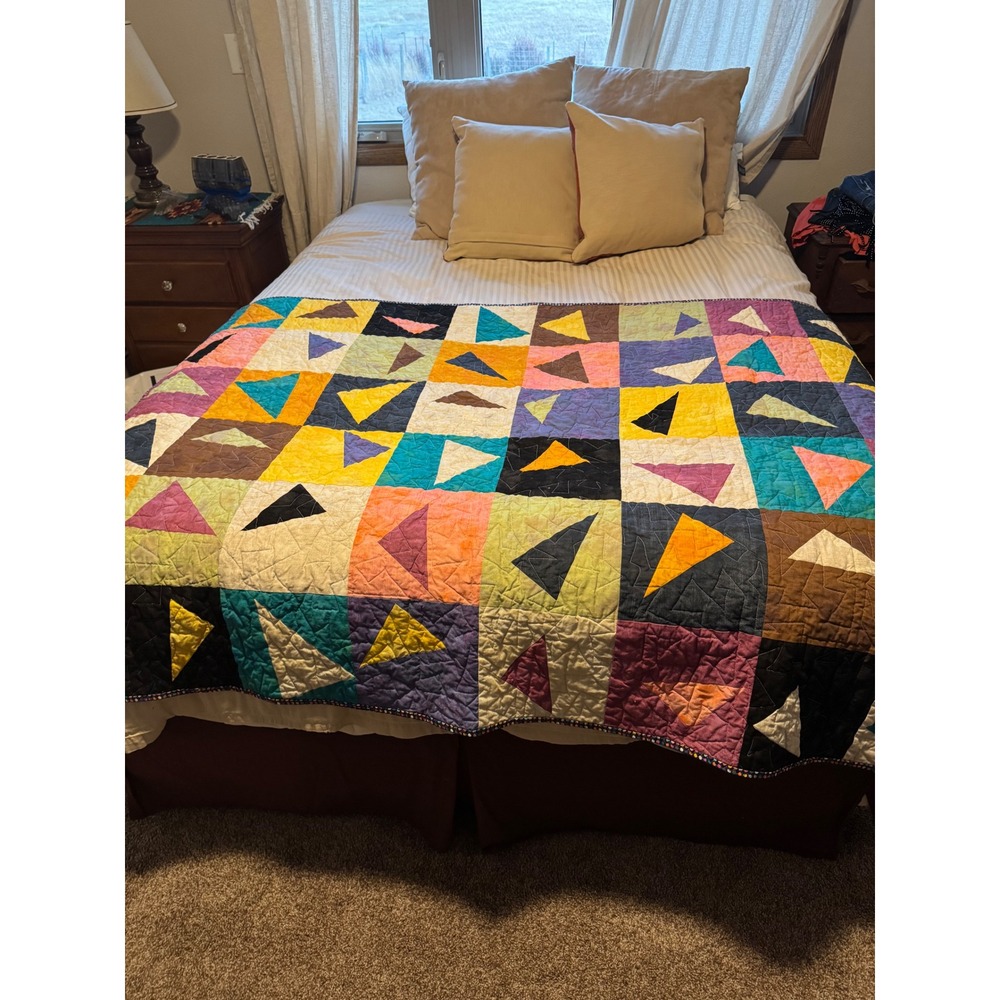 Handmade Geometric Triangle Patchwork Quilt Colorful Polka Dot Reverse Blanket